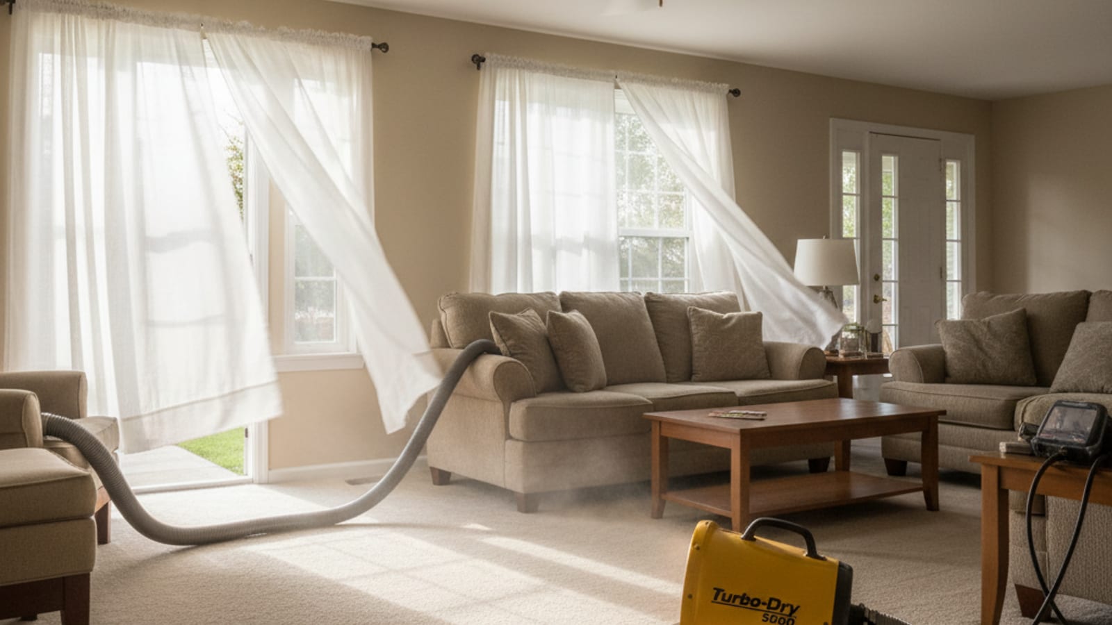Ceiling fan running above a living room with a commercial air mover on the floor pointing at freshly cleaned carpet
