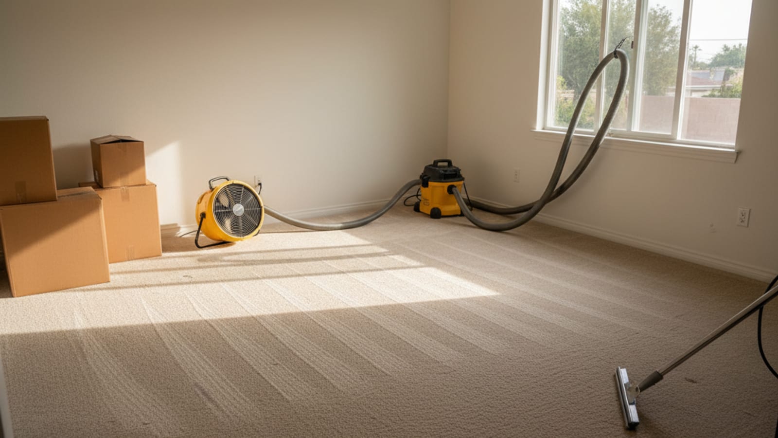 Empty bedroom with moving boxes and freshly extracted light-beige carpet showing clean extraction lines