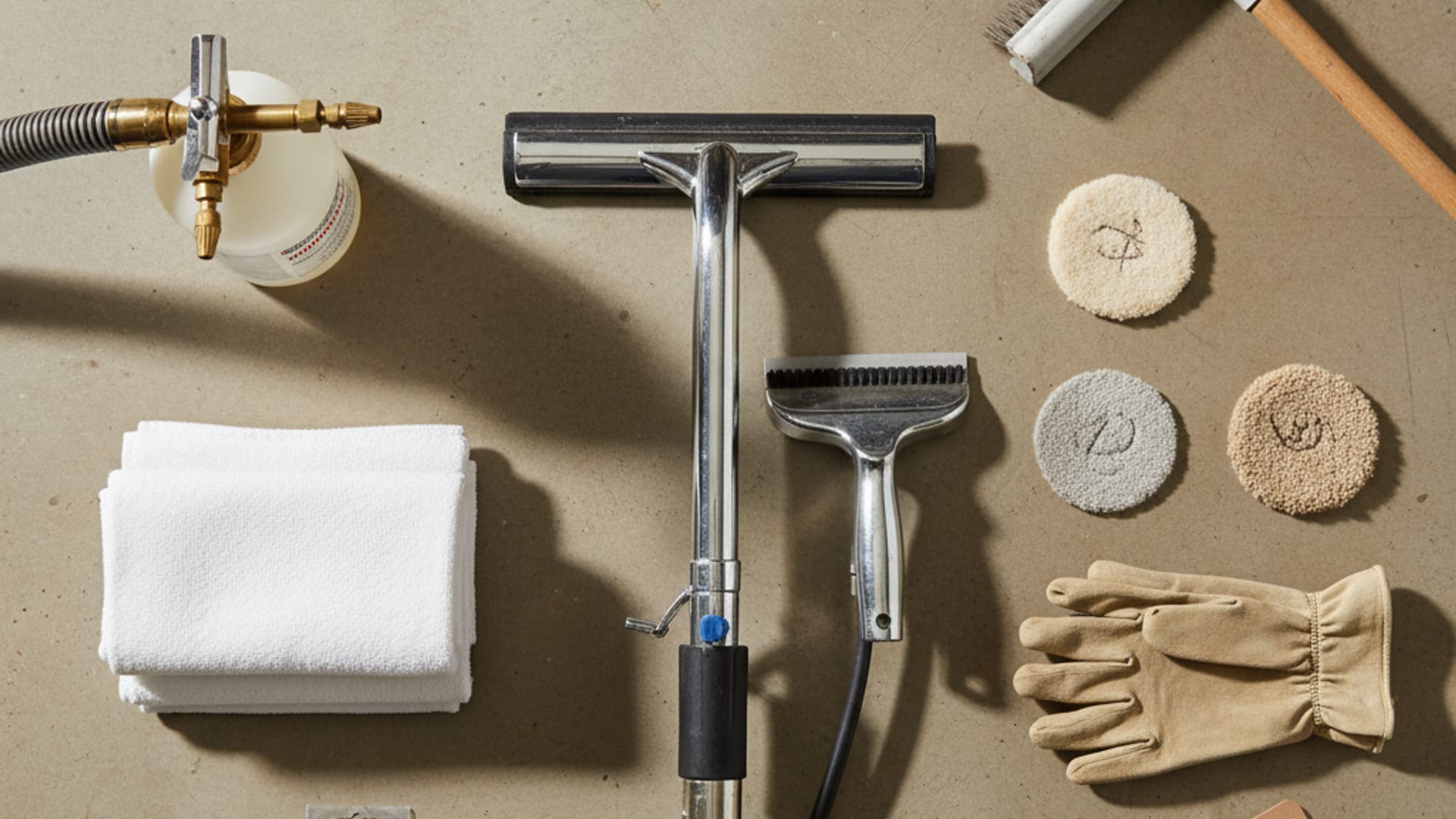 Overhead flat-lay of professional carpet cleaning equipment including an extraction wand head, spotters, and a soft-bristle carpet rake on a clean work surface