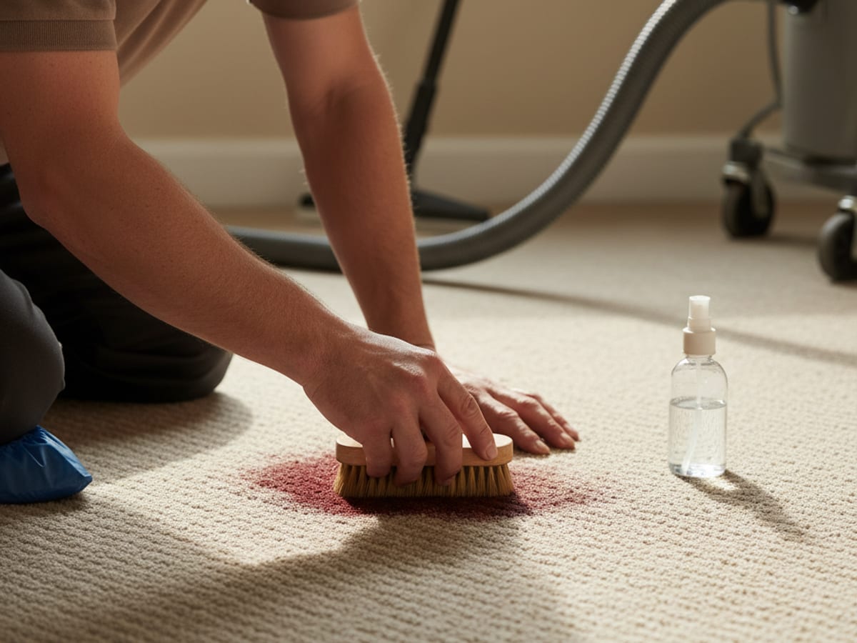 Close-up of a hand blotting a fresh stain on light beige carpet with a clean white towel