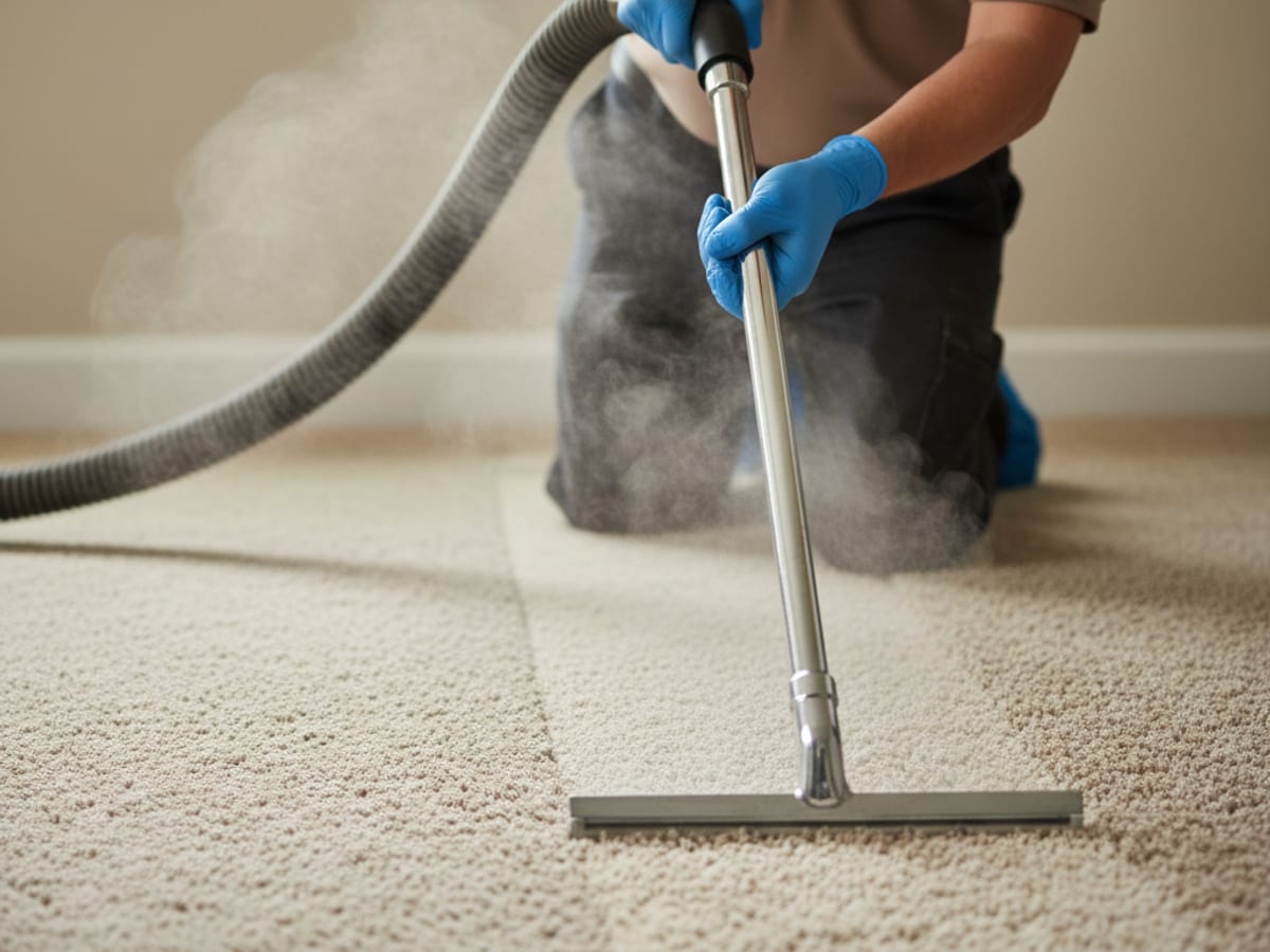 Truck-mounted hot-water extraction wand running across freshly cleaned carpet in a San Diego living room