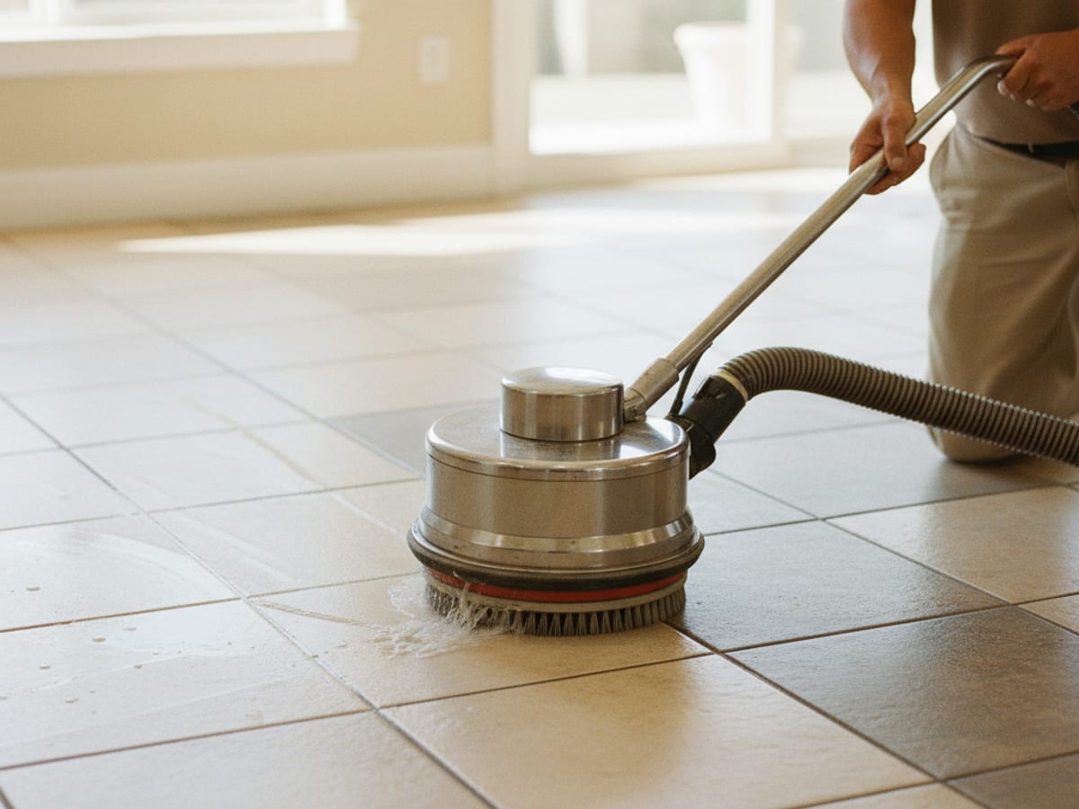 Tile and grout cleaning tool scrubbing a kitchen floor with visible contrast between cleaned bright grout lines and uncleaned darker lines
